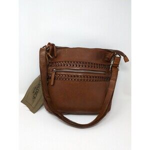 Vilenca Holland Cognac Leather Crossbody Handbag Woven Square Zipper NWT